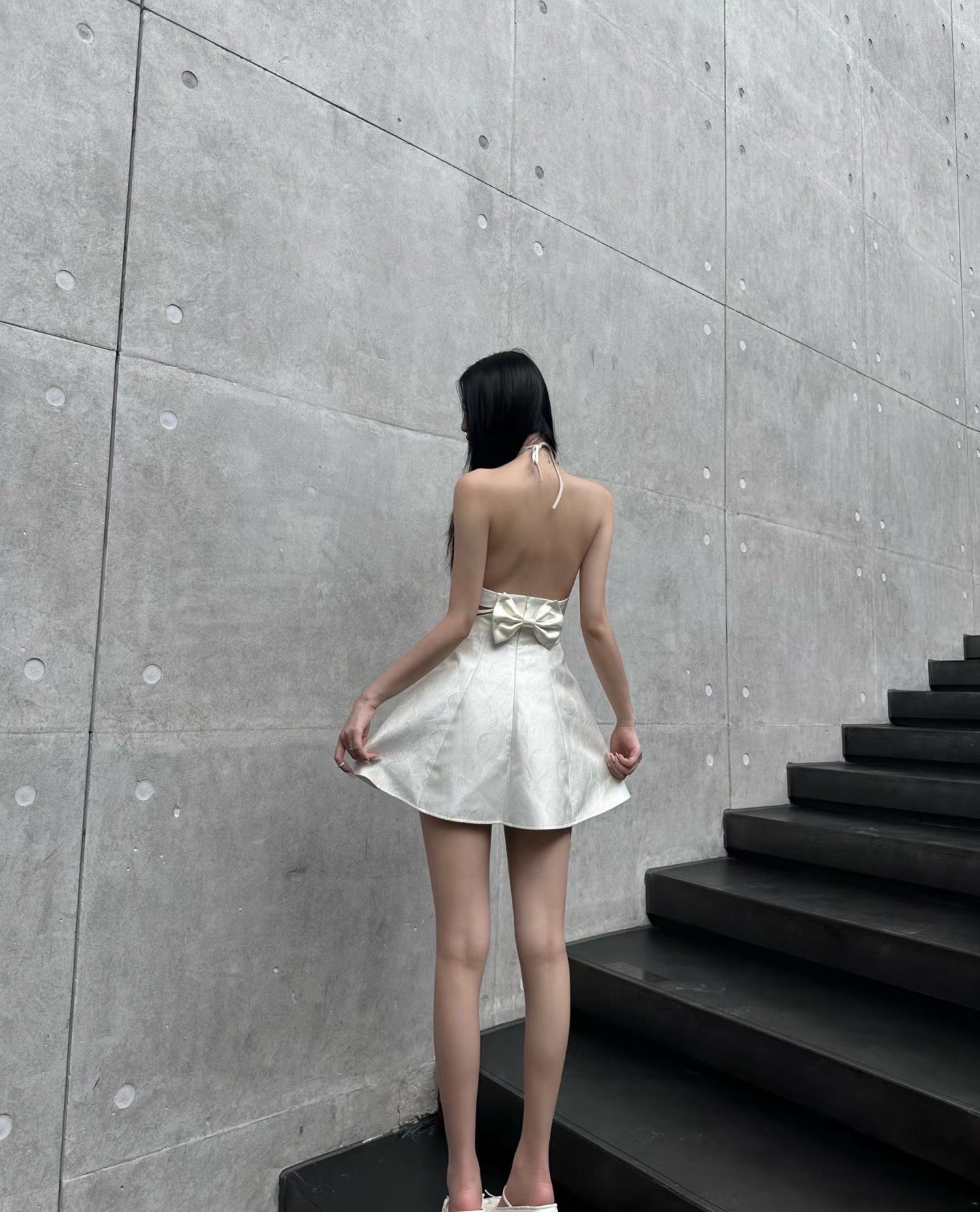 White Jacquard Halter Neck Cinched Waist Dress