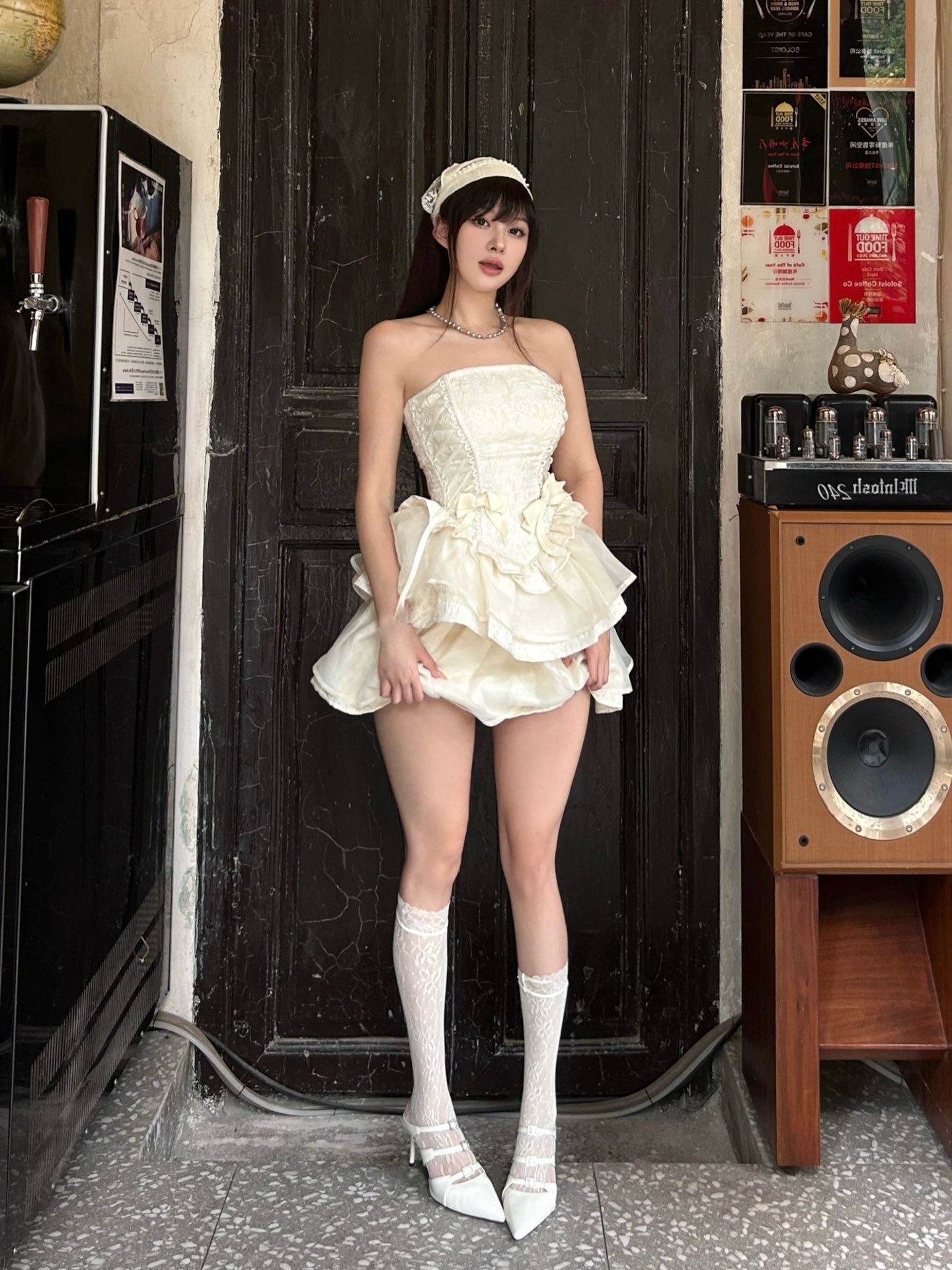 Ivory Bow Strapless Dress with Boning and Tiered Skirt