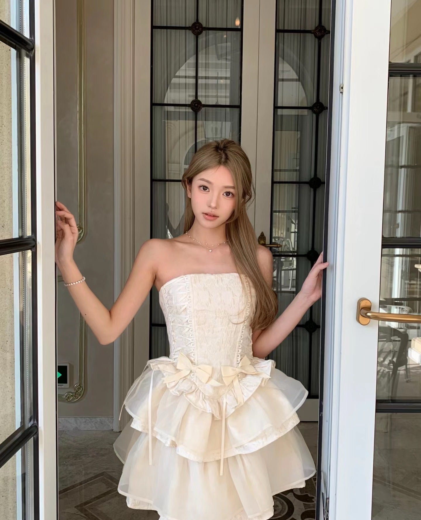 Ivory Bow Strapless Dress with Boning and Tiered Skirt