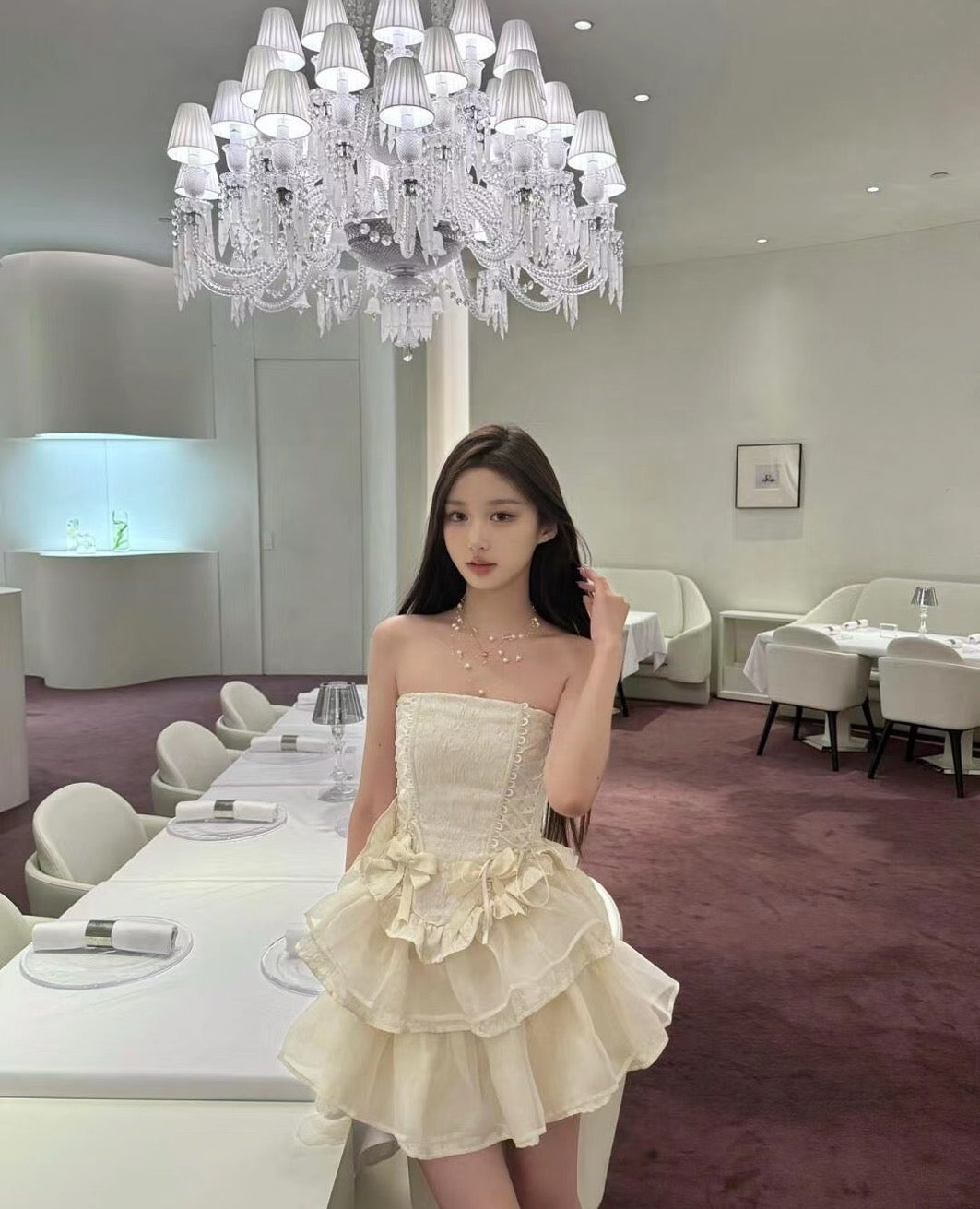 Ivory Bow Strapless Dress with Boning and Tiered Skirt