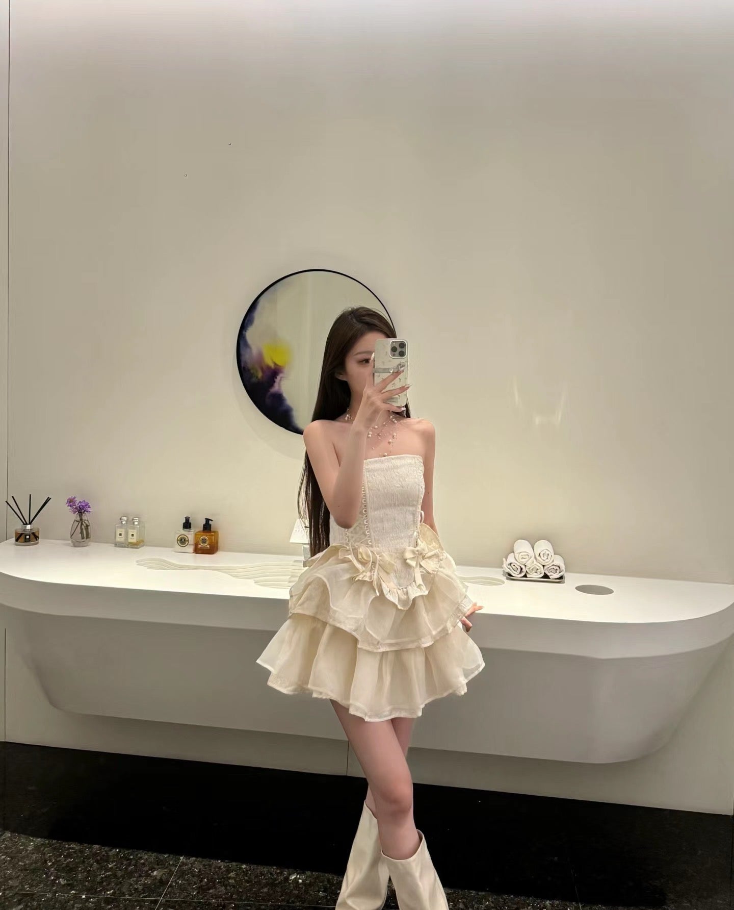 Ivory Bow Strapless Dress with Boning and Tiered Skirt