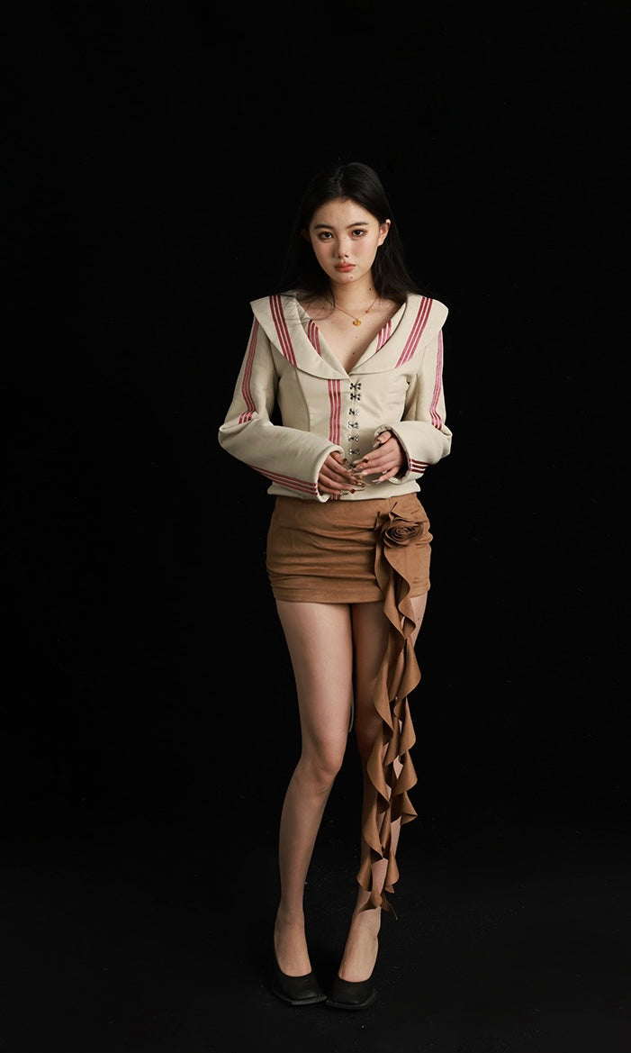 Brown Suede Skirt with Rose and Flowing Ribbon