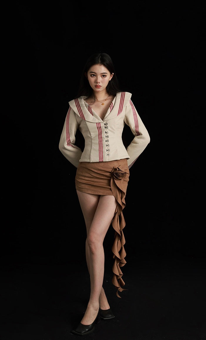 Brown Suede Skirt with Rose and Flowing Ribbon