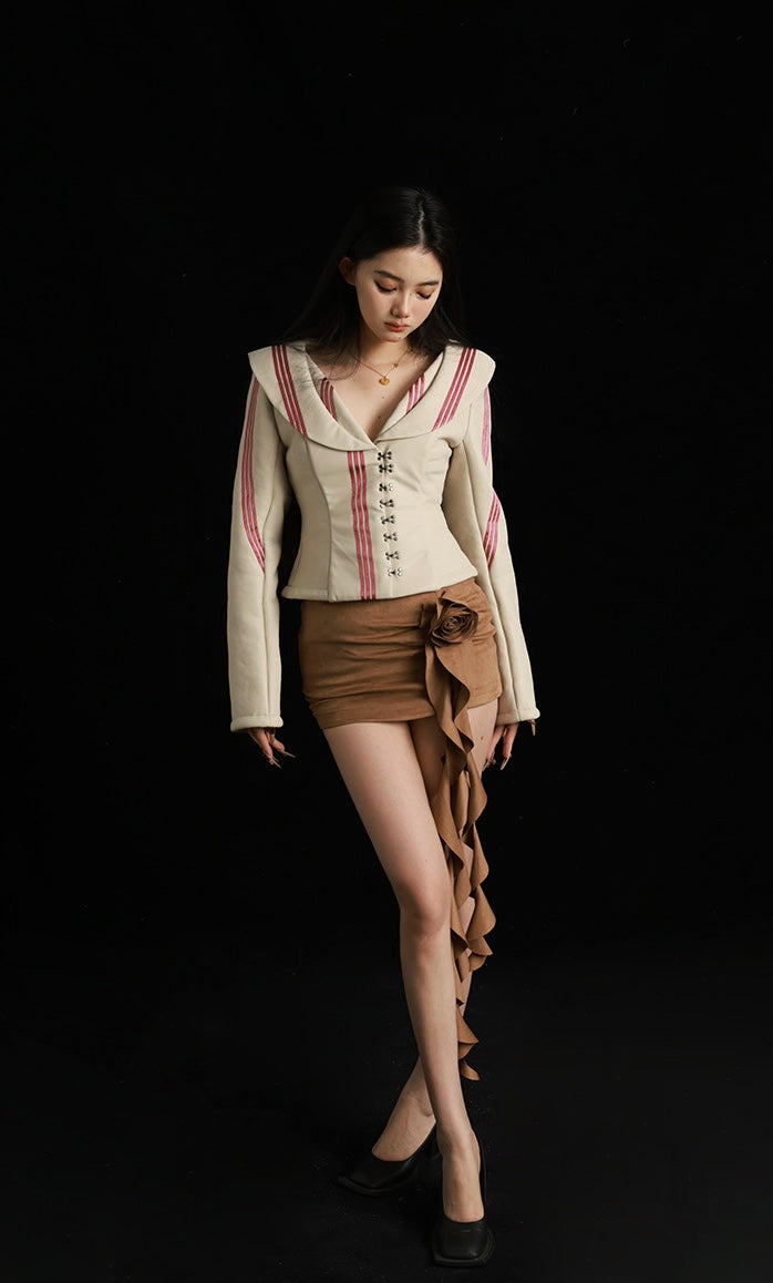 Brown Suede Skirt with Rose and Flowing Ribbon