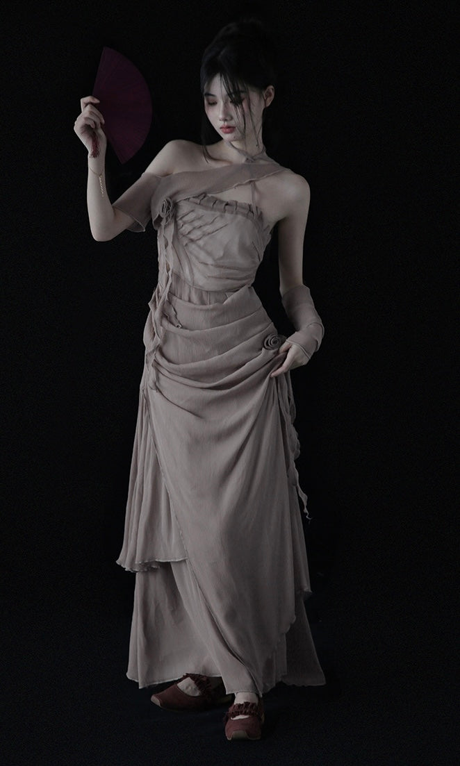Rose Flower Ruched Dress with Flowing Ribbon