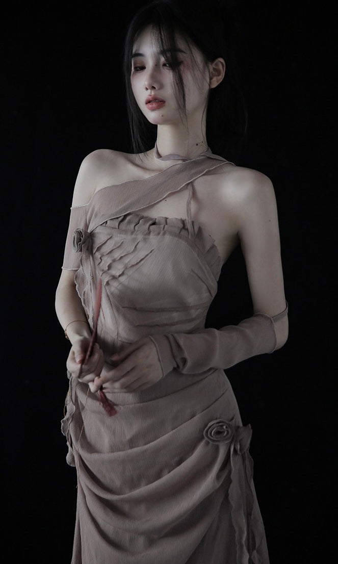 Rose Flower Ruched Dress with Flowing Ribbon