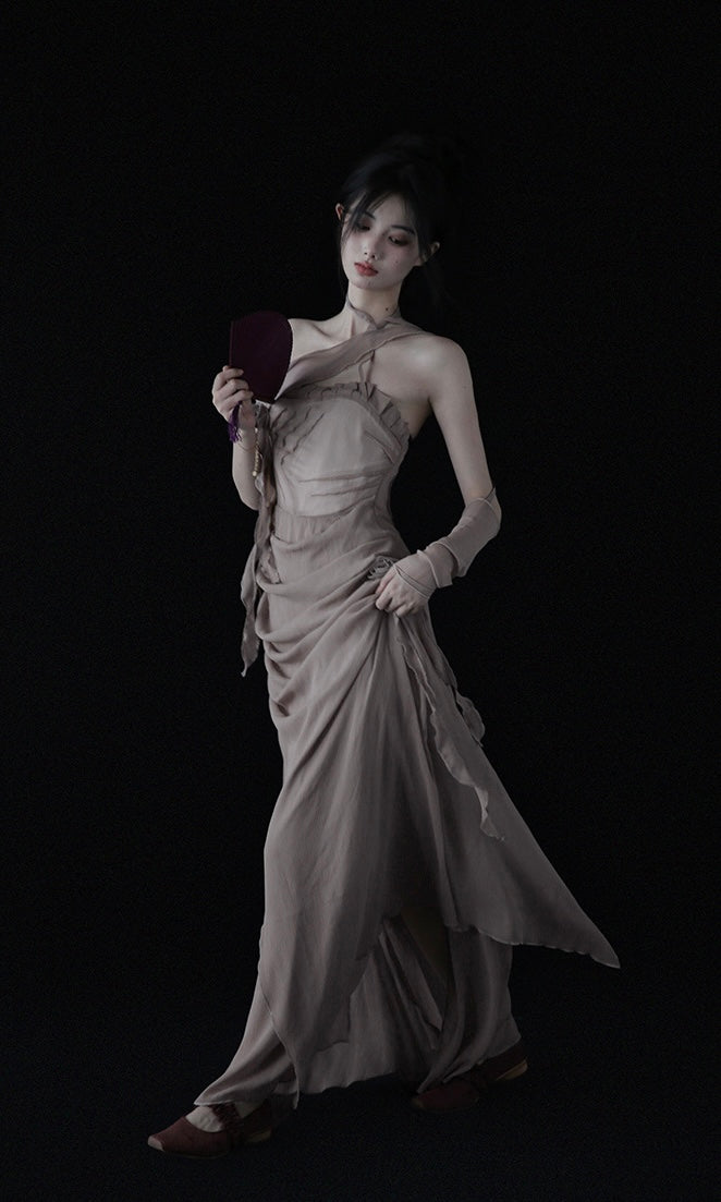 Rose Flower Ruched Dress with Flowing Ribbon