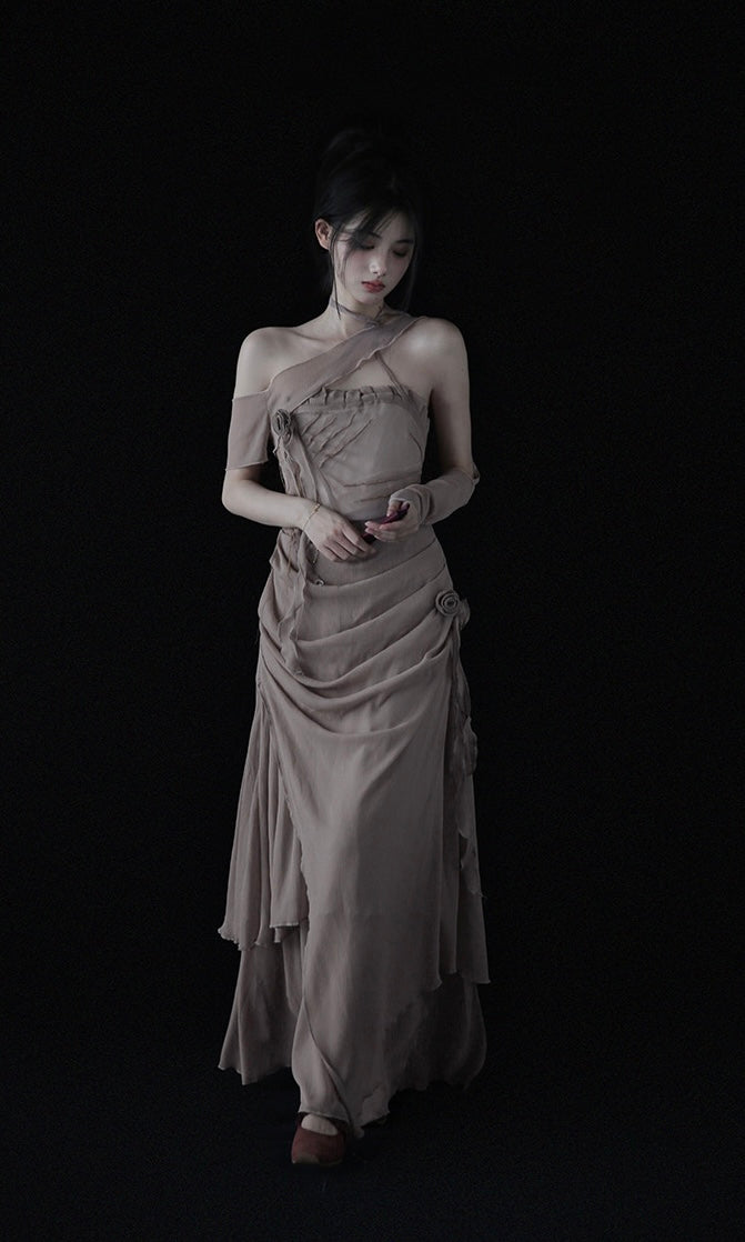 Rose Flower Ruched Dress with Flowing Ribbon