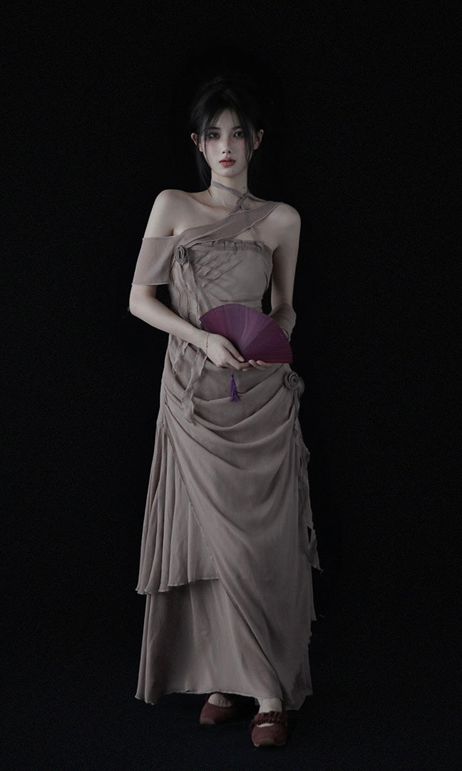 Rose Flower Ruched Dress with Flowing Ribbon