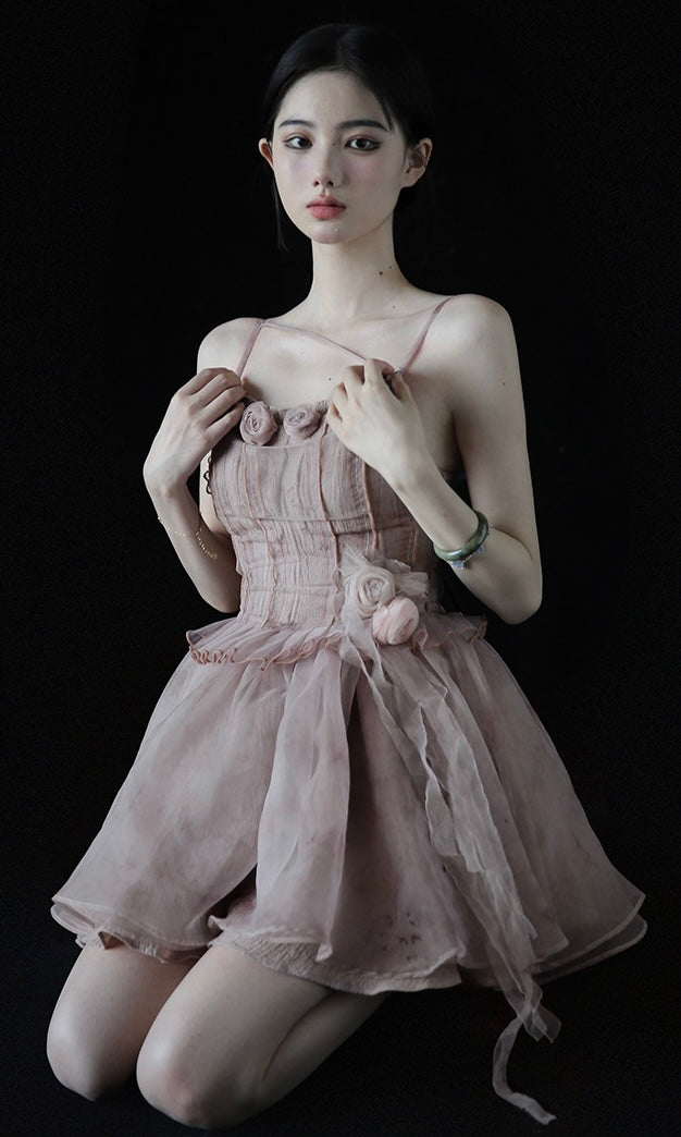 Rose Flower Tiered Skirt Dress