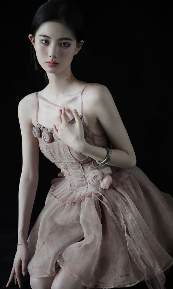 Rose Flower Tiered Skirt Dress