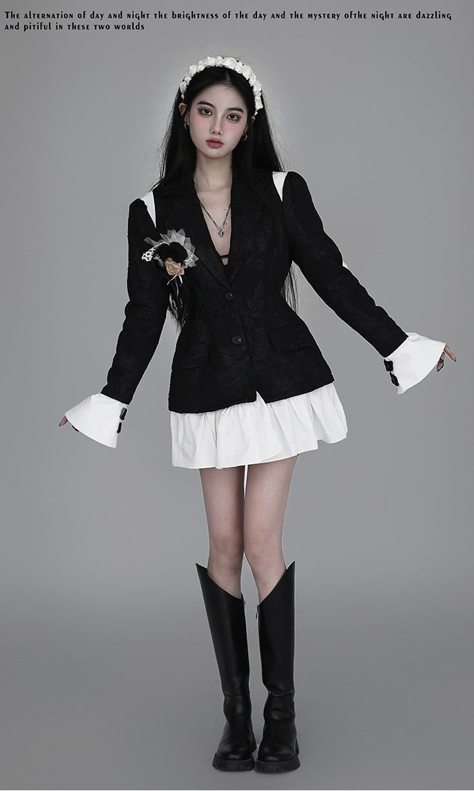 Black Two-Piece Faux Blazer with Rose Accents