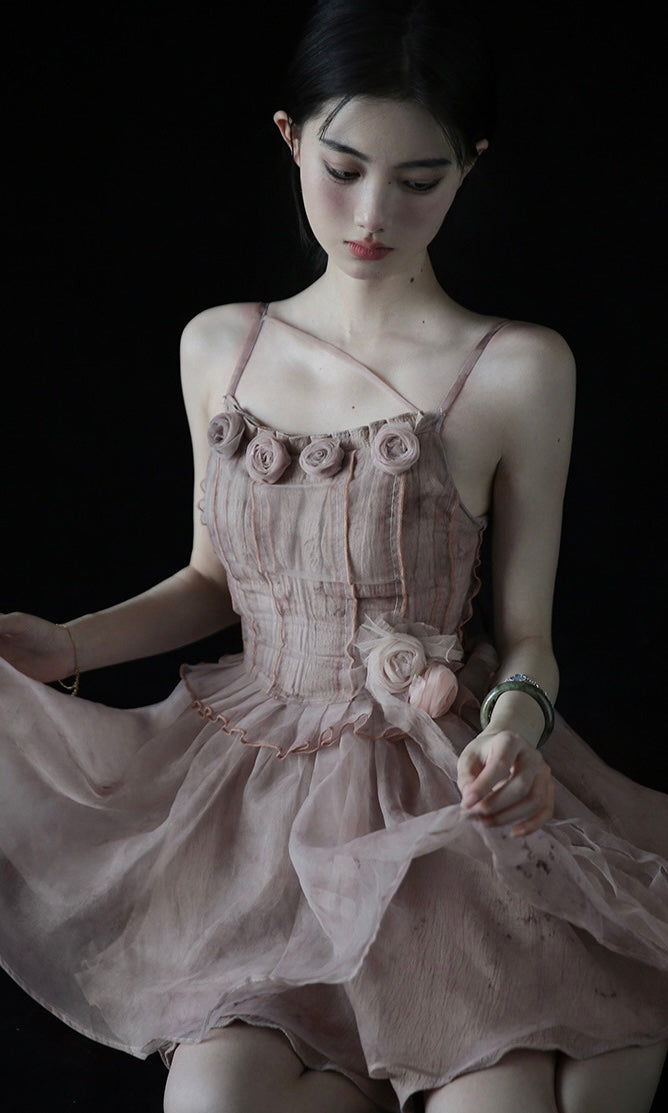 Rose Flower Tiered Skirt Dress
