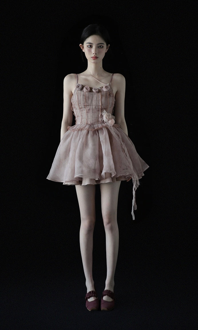 Rose Flower Tiered Skirt Dress