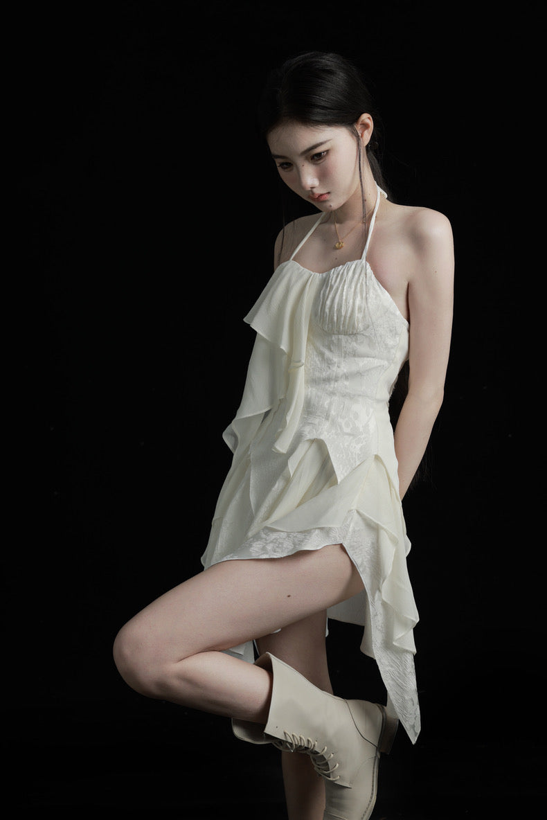 White Asymmetrical Layered Spaghetti Strap Dress