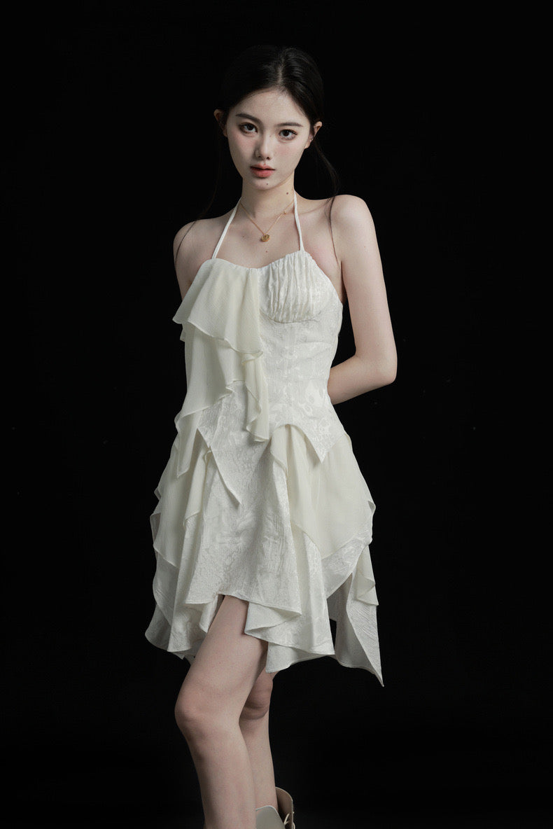 White Asymmetrical Layered Spaghetti Strap Dress