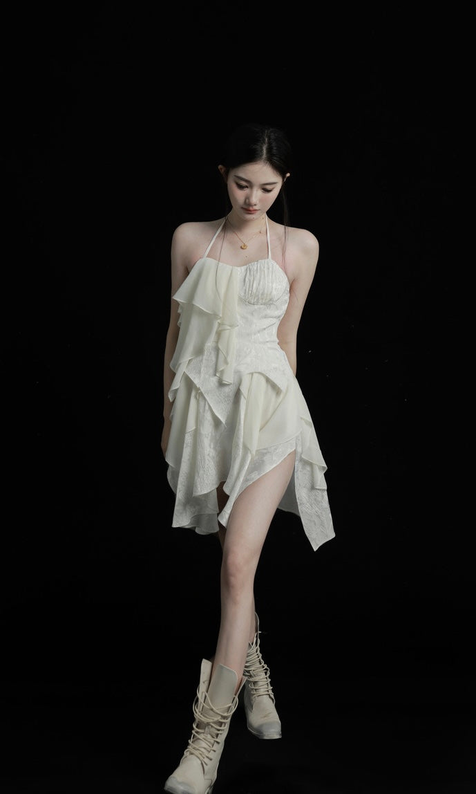 White Asymmetrical Layered Spaghetti Strap Dress