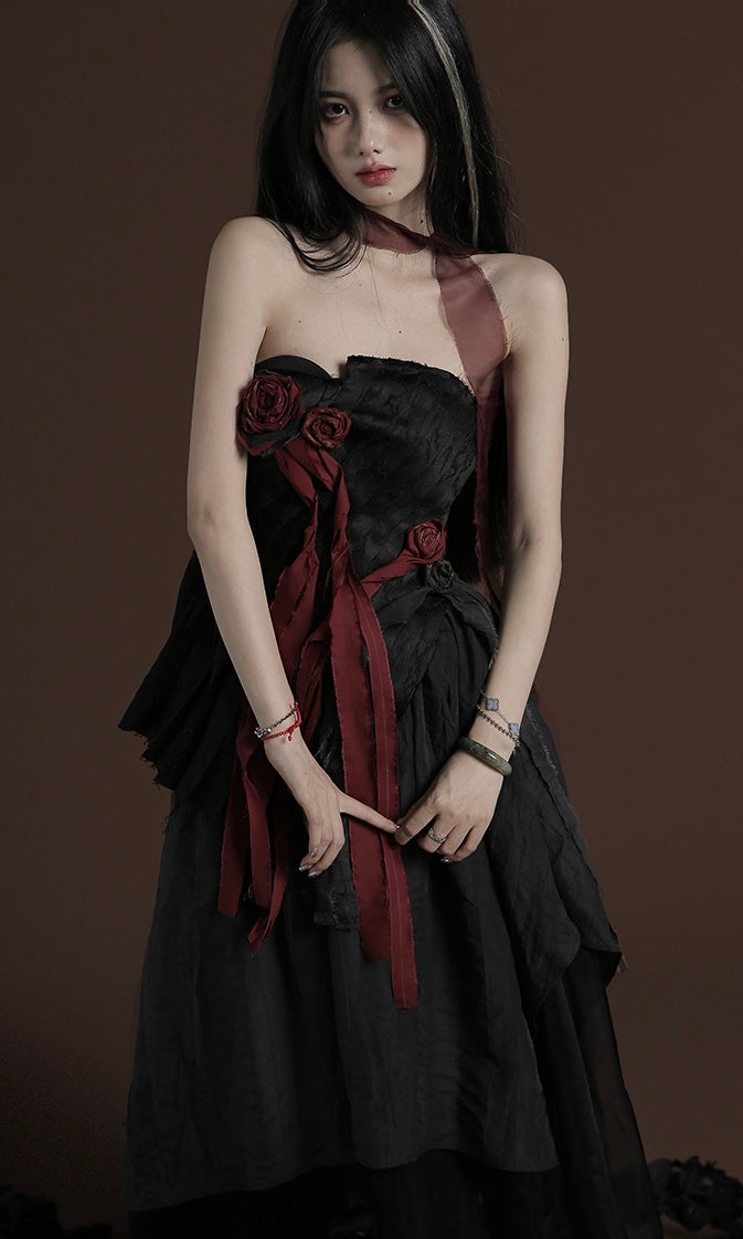Dark Gothic Black Set with Red Rose Accents