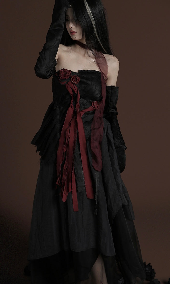 Dark Gothic Black Set with Red Rose Accents