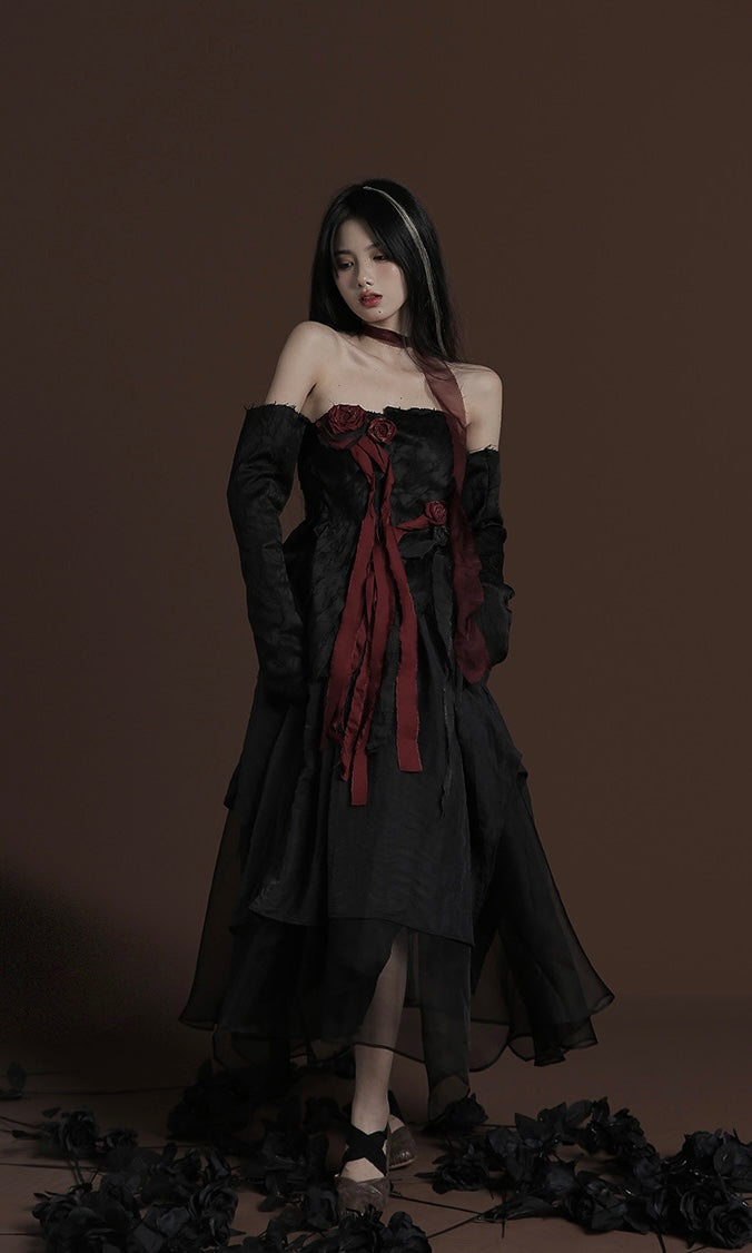 Dark Gothic Black Set with Red Rose Accents