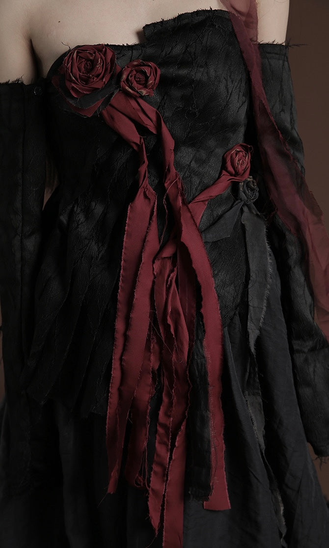 Dark Gothic Black Set with Red Rose Accents