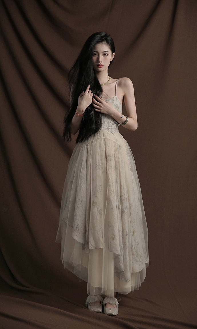 Tie-Dye Print Cotton-Linen Dress with Tulle Skirt