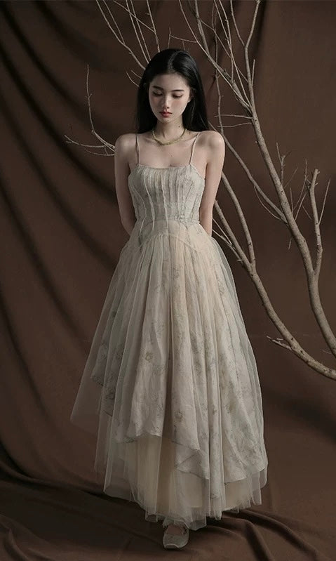 Tie-Dye Print Cotton-Linen Dress with Tulle Skirt