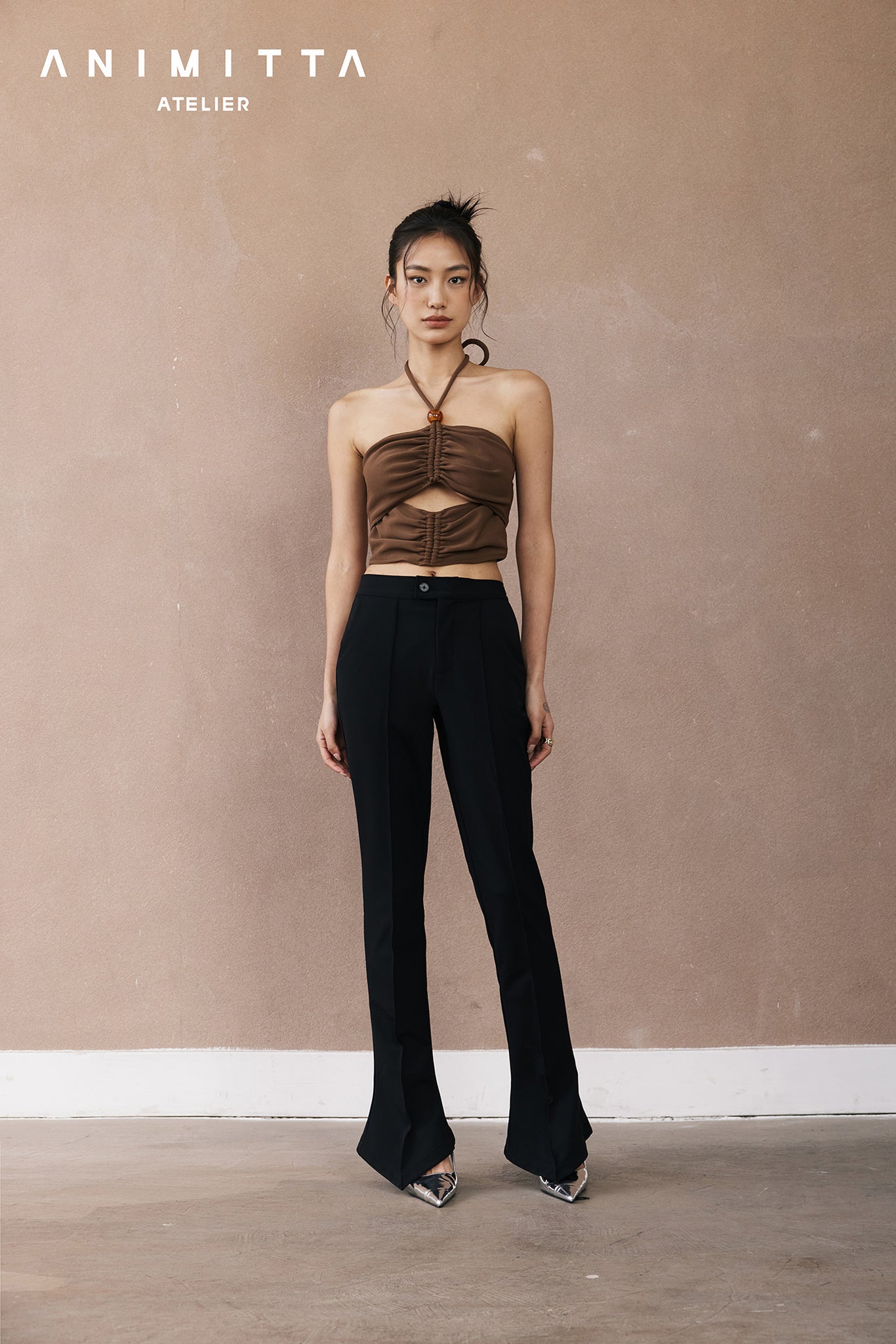 Brown lace-up pleat top