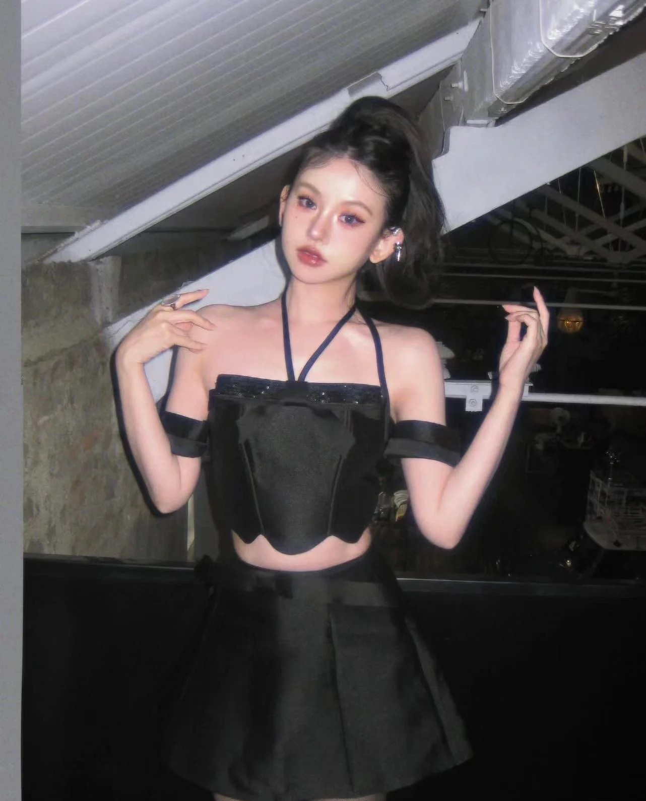 Black Sequin Halter Neck Set with Bow
