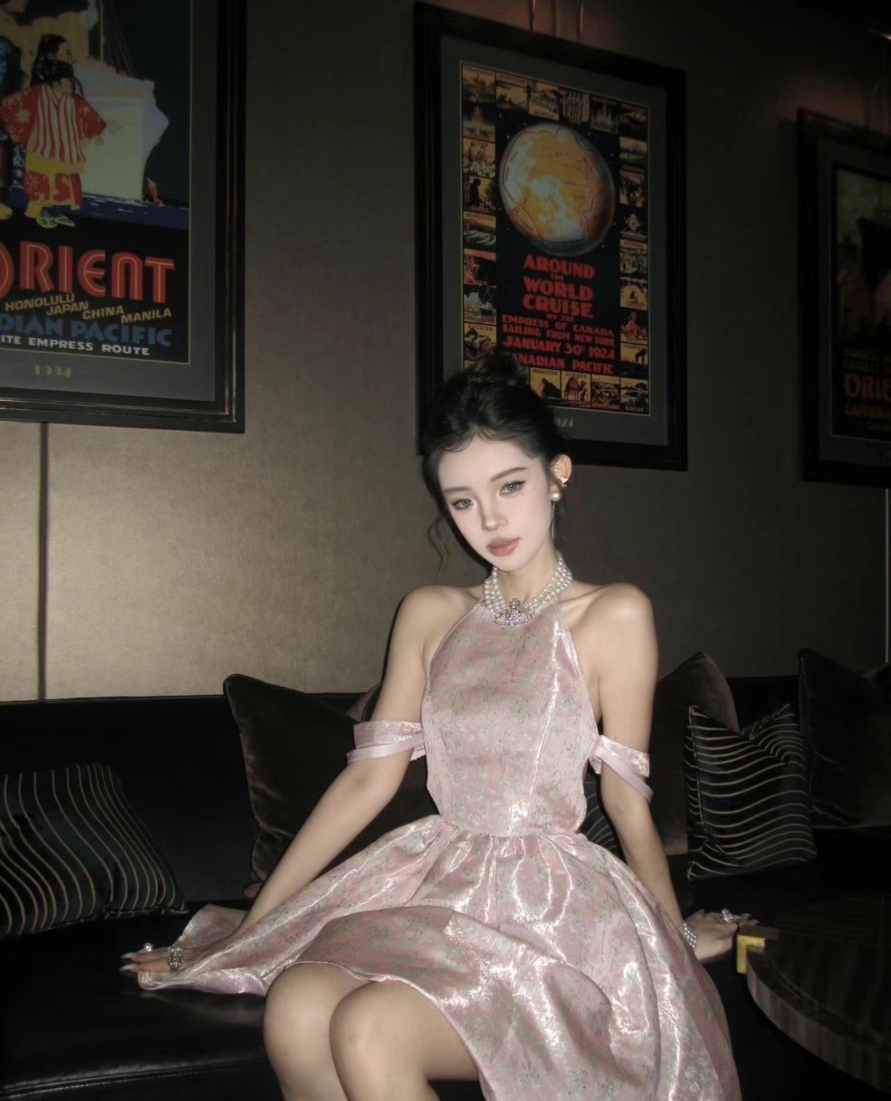 Pink Jacquard Halter Neck Dress with Back Bow