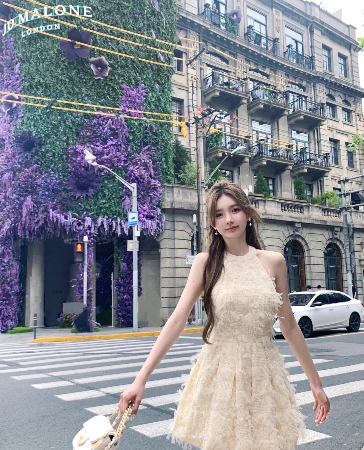 Tweed-Style Tassel Pearl Backless Dress with Bow Neck Detail
