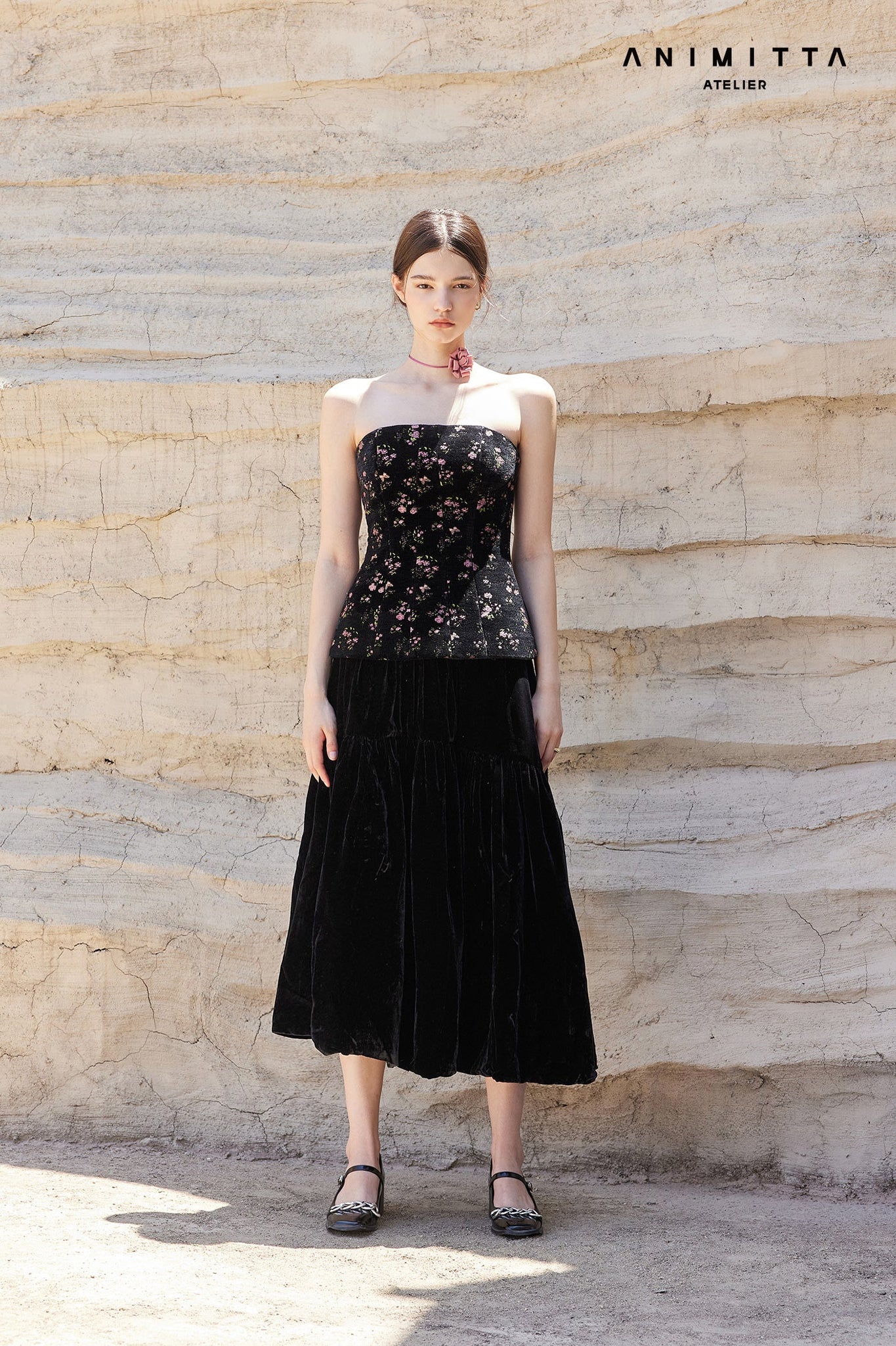 Black velvet half skirt with large hemline