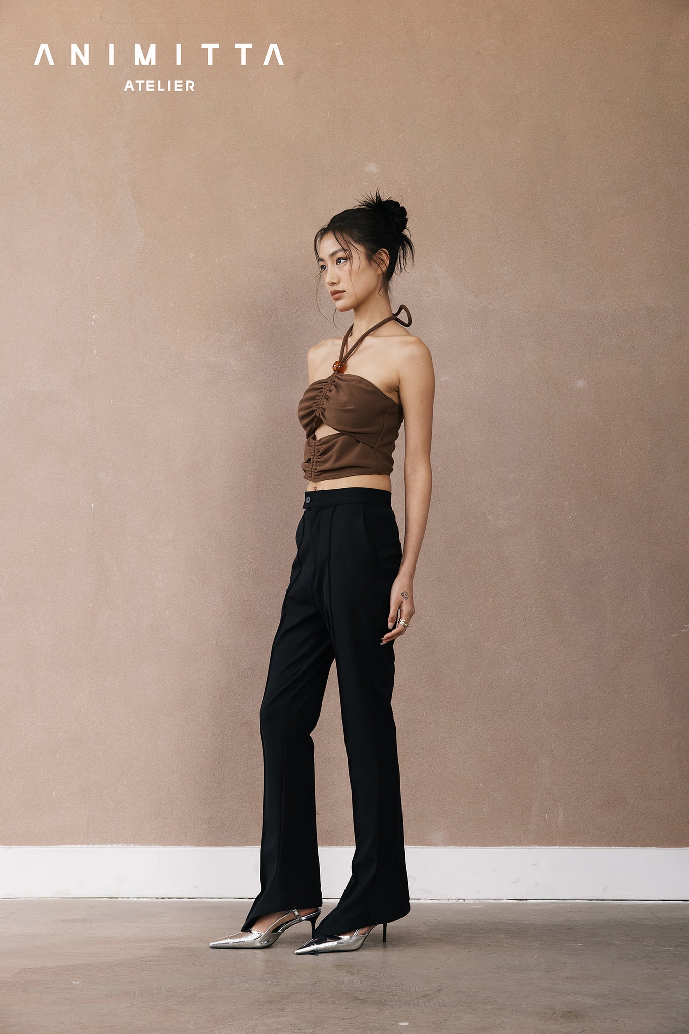 Brown lace-up pleat top