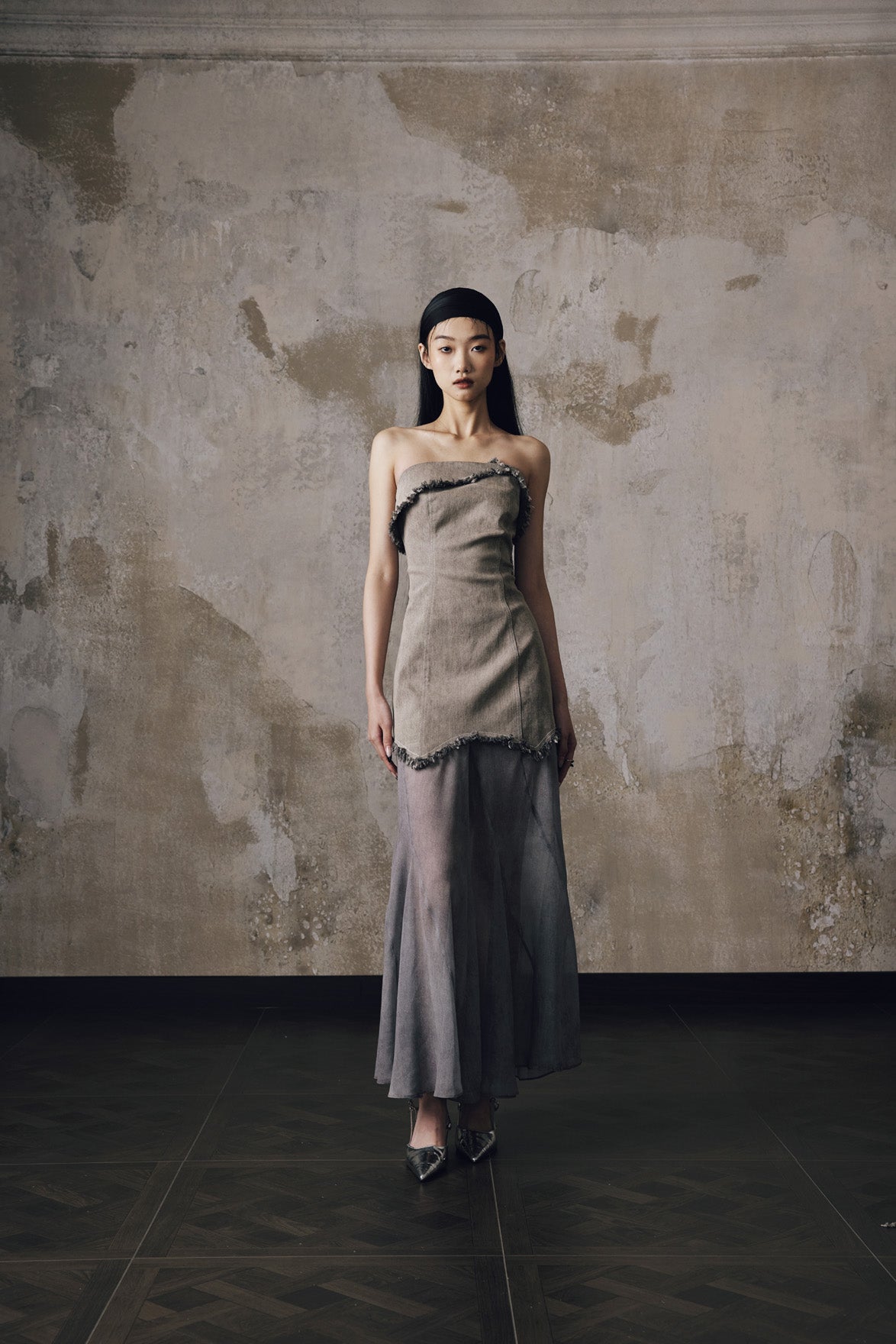 Design denim patchwork strapless skirt
