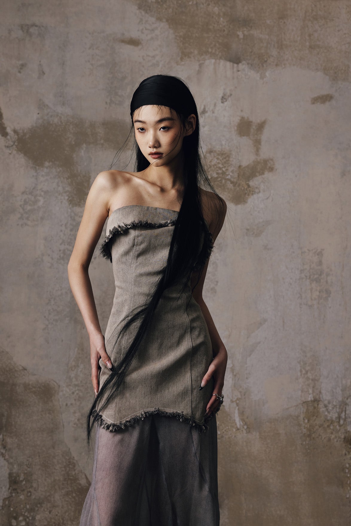 Design denim patchwork strapless skirt