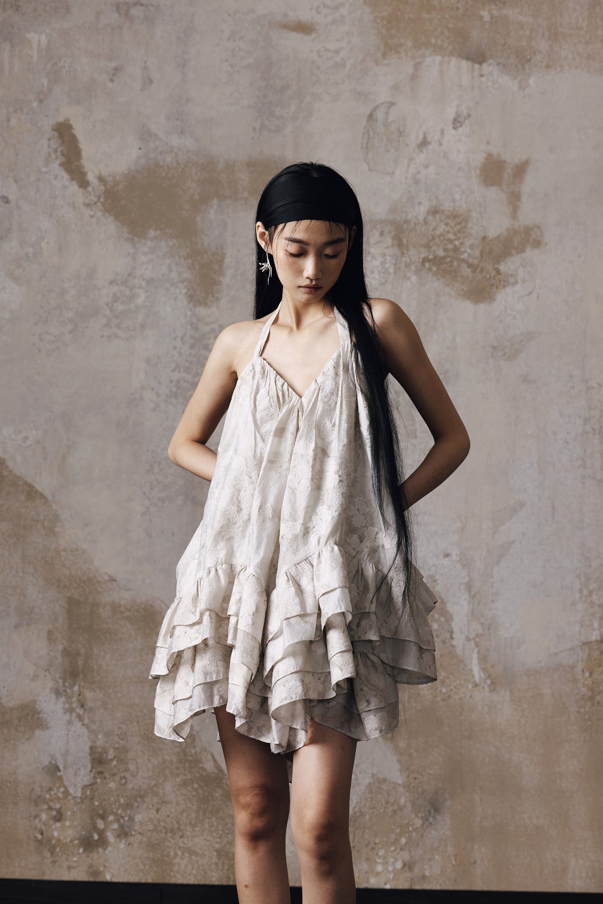 Jacquard volume neck hanging dress