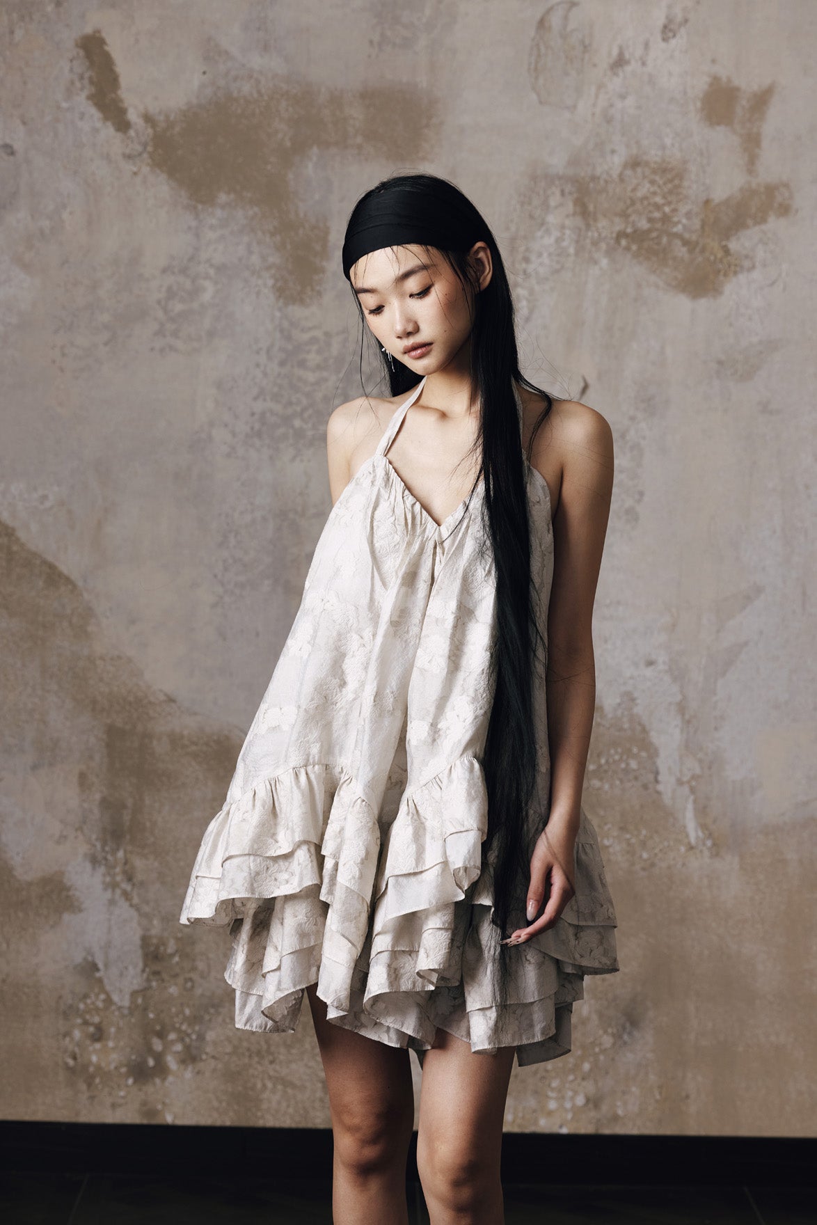 Jacquard volume neck hanging dress