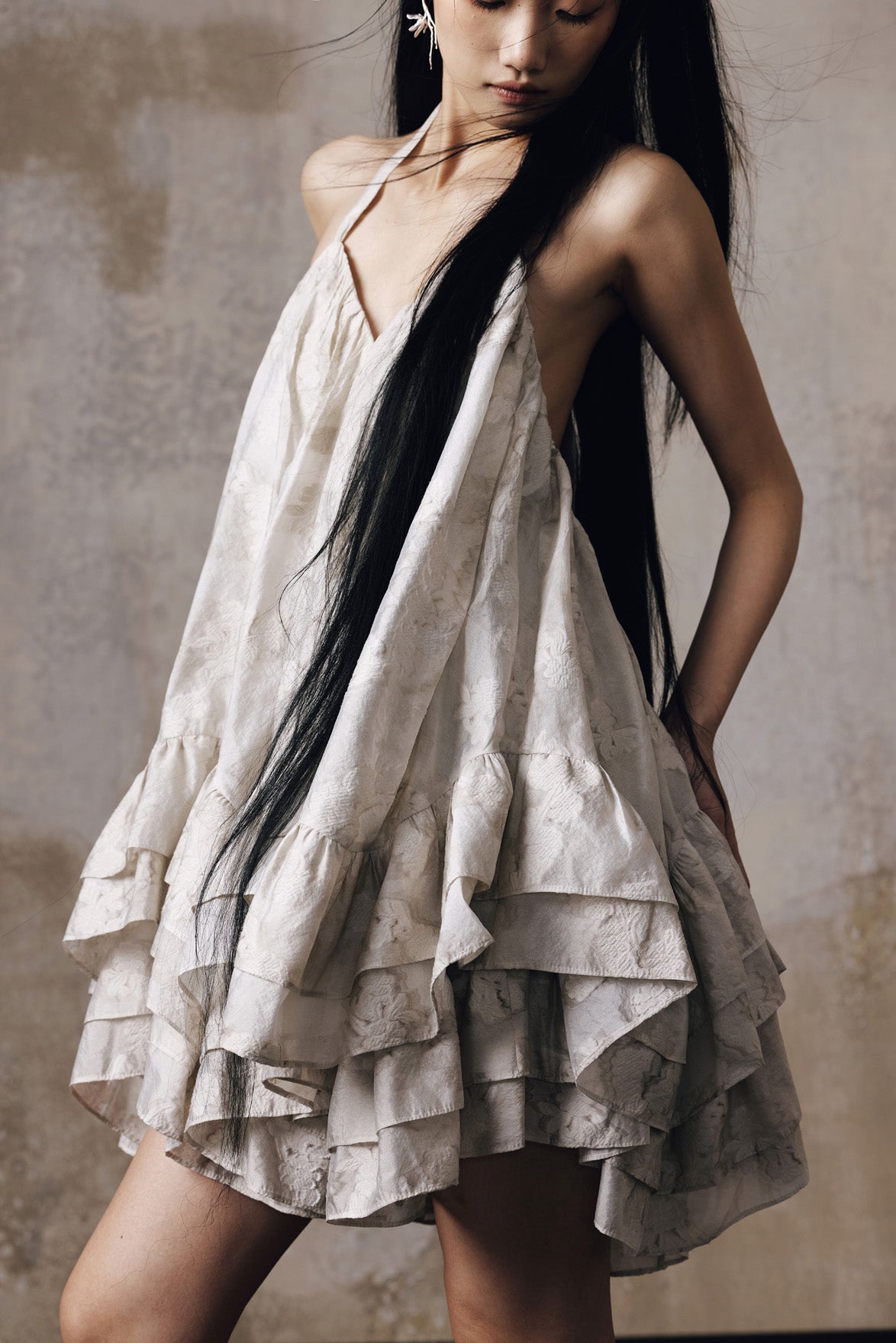 Jacquard volume neck hanging dress