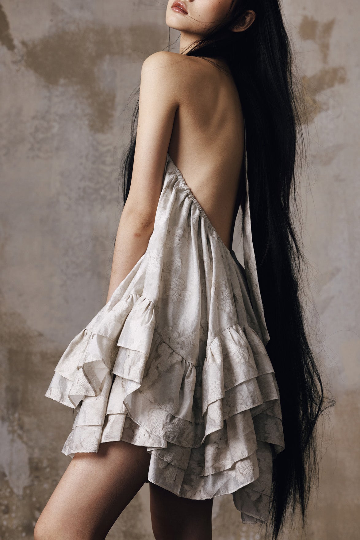 Jacquard volume neck hanging dress