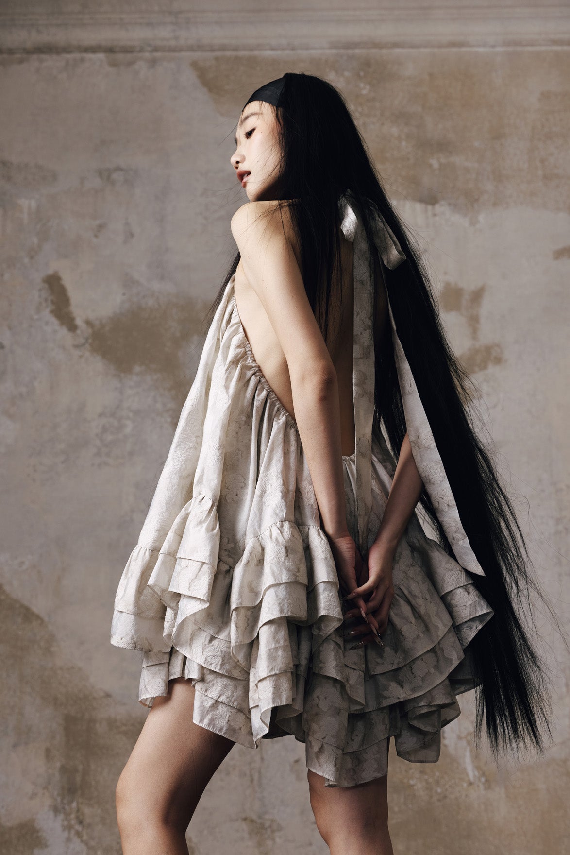 Jacquard volume neck hanging dress