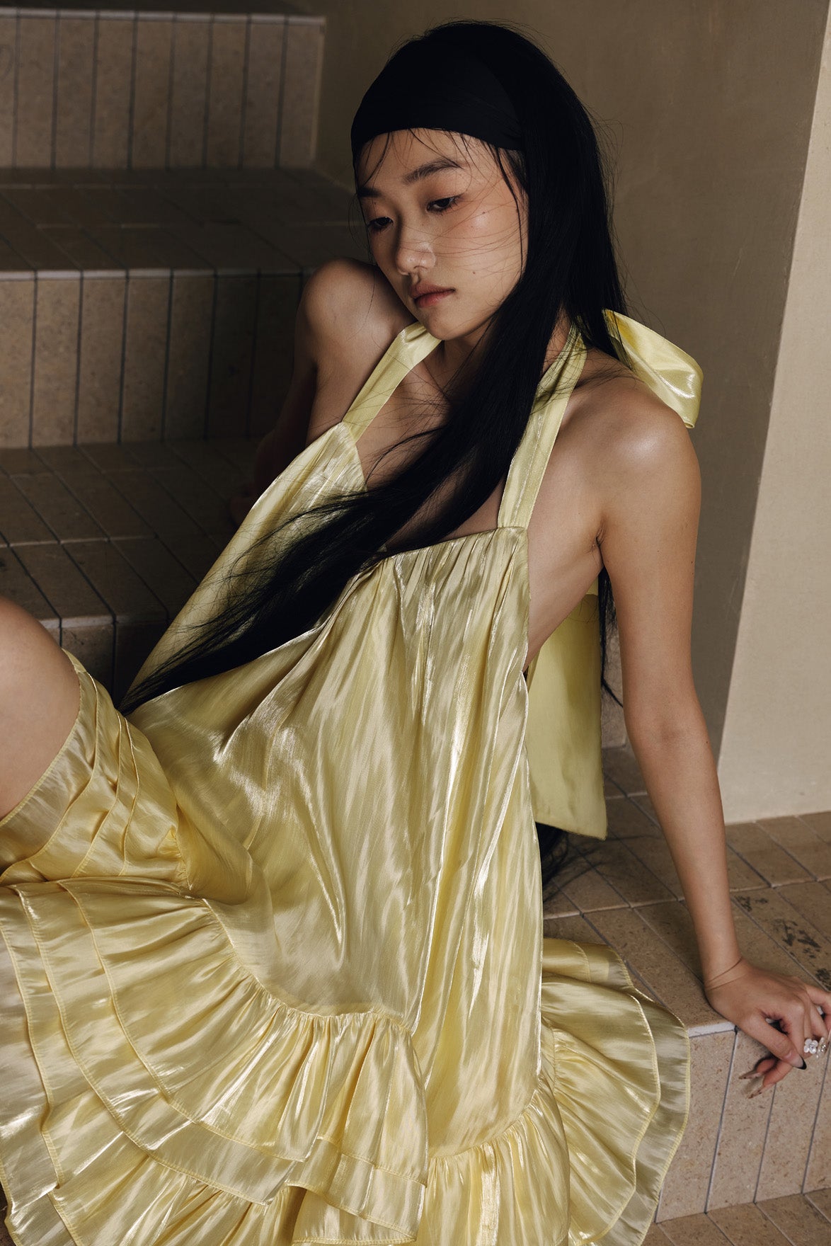 Jacquard volume neck hanging dress