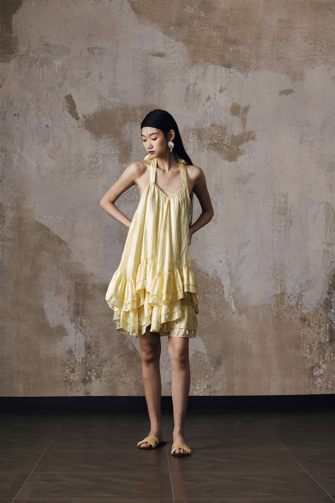 Jacquard volume neck hanging dress