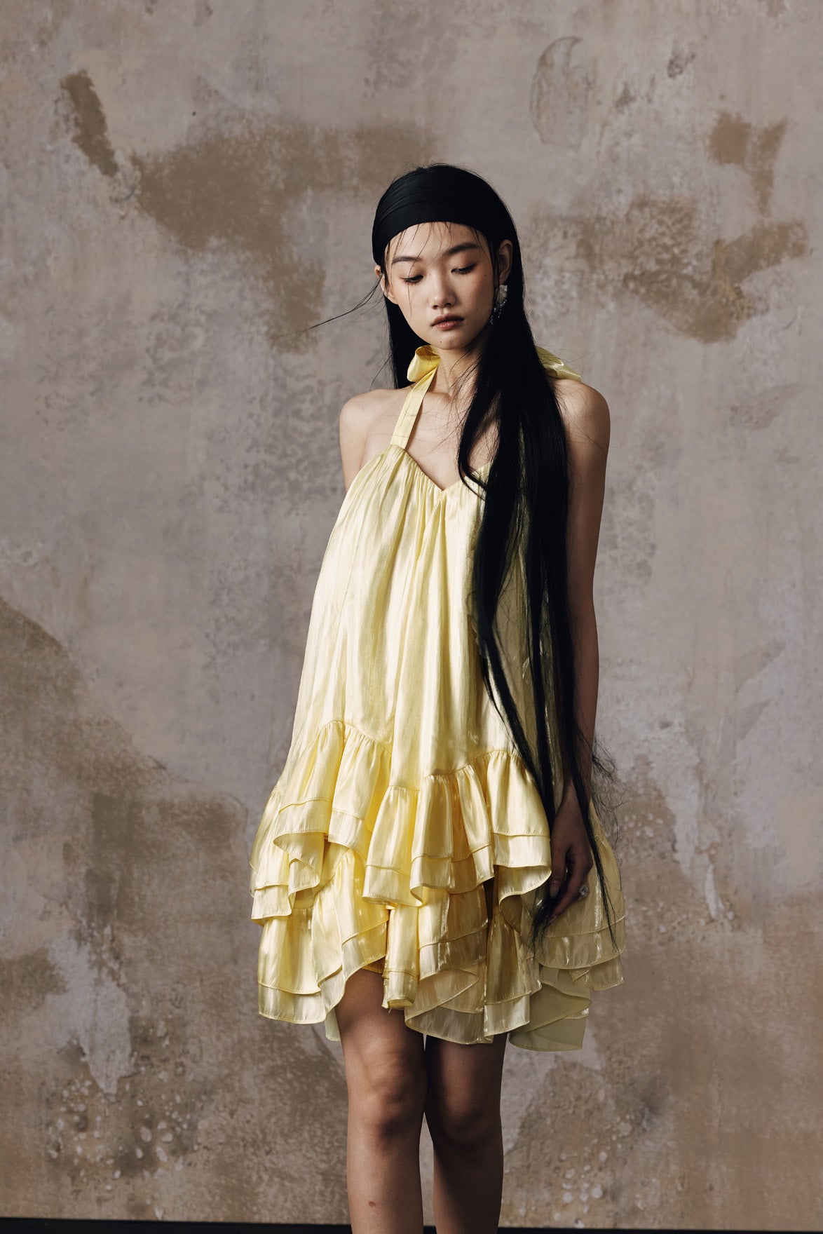 Jacquard volume neck hanging dress