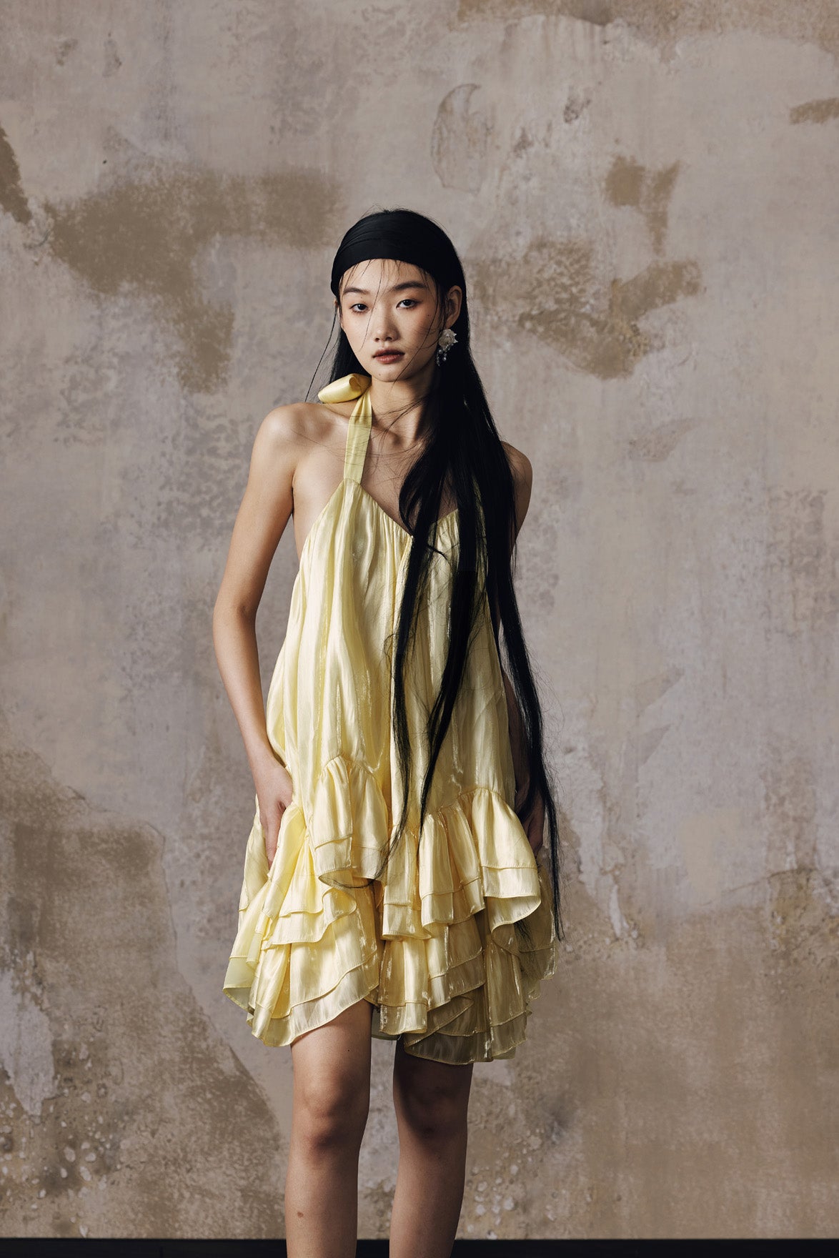 Jacquard volume neck hanging dress