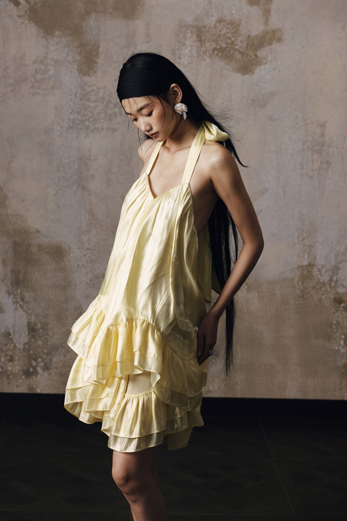 Jacquard volume neck hanging dress