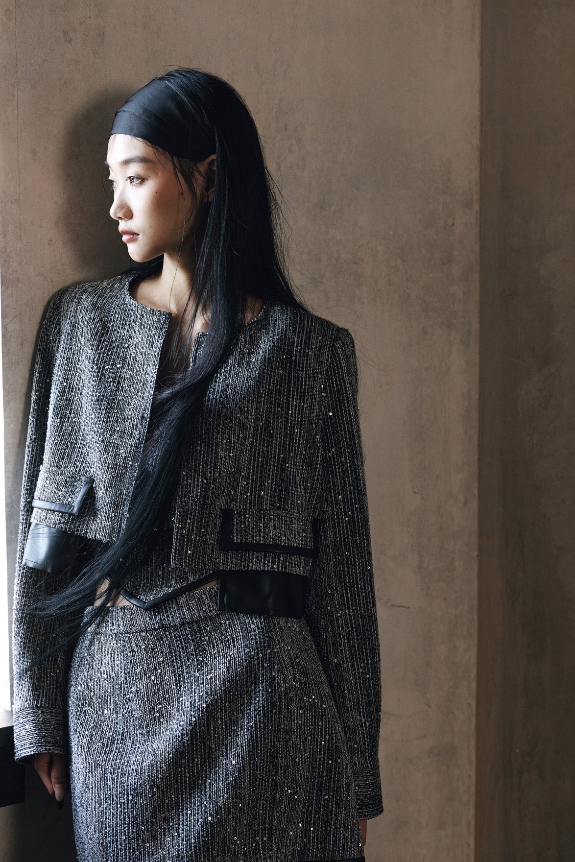 Splice leather short jacket