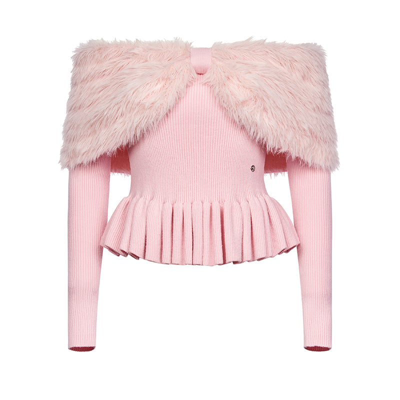 Sheer Luck Alba Imitation Mink One Word Ruffle Knitted Top, Hip Wrapping Half Skirt, Two Piece Set, Women's Winter