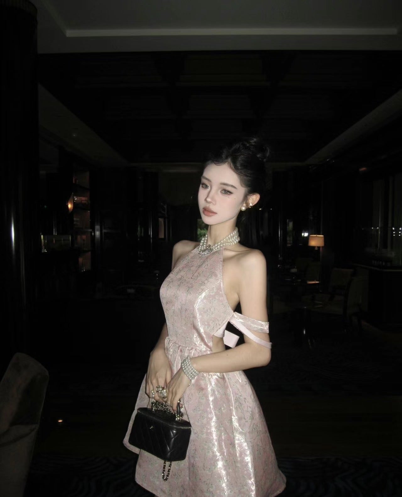 Pink Jacquard Halter Neck Dress with Back Bow
