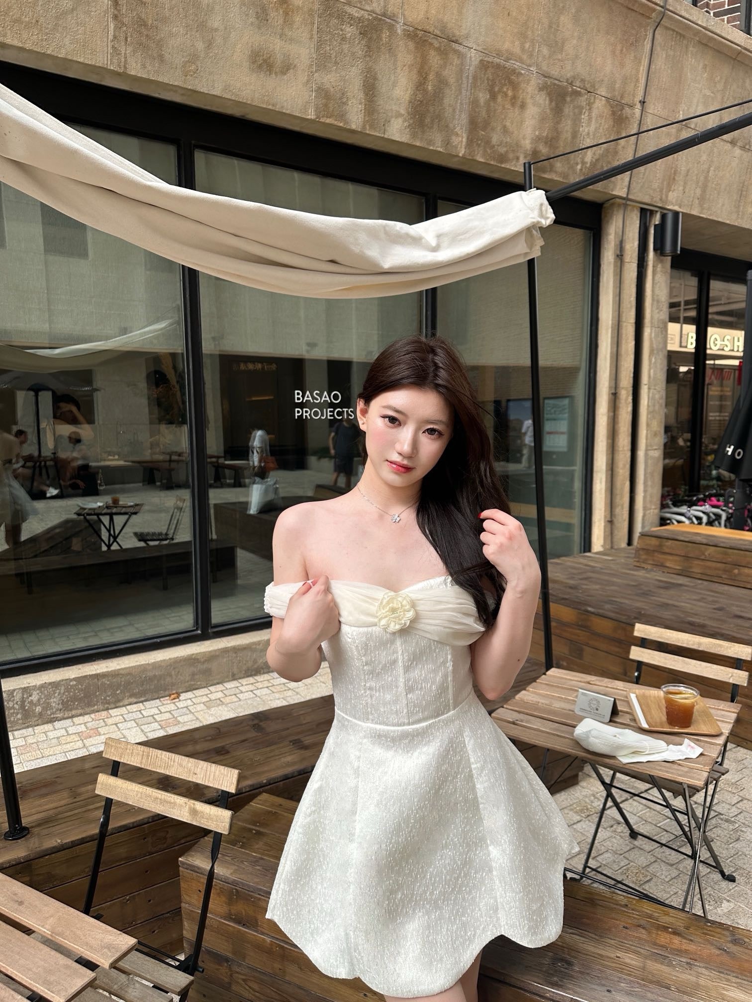 Camellia Off-Shoulder Cinched Waist Dress